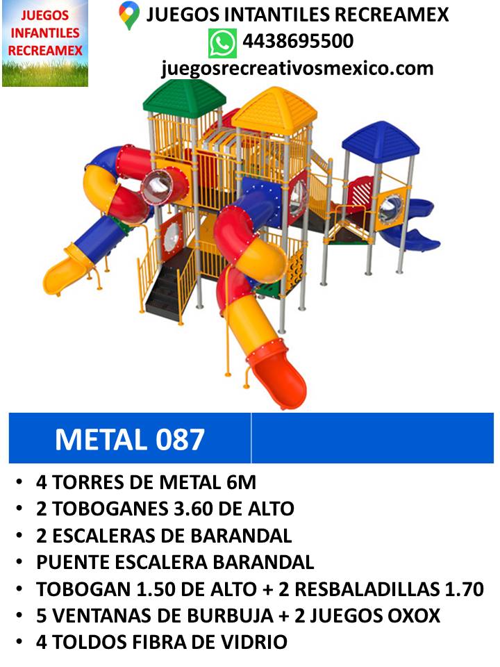 modulo de metal con 4 escaleras con barandal, 2 toboganes, 4 torres de metal de 6m, puente escalera barandal, 5 ventanas de burbujas
